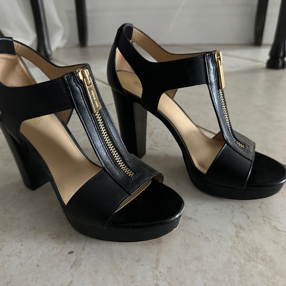 Michael Kors Black T-Strap Heels with Chunky Heel